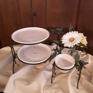 Rustic Bronze Metal Plate & Sauce/Dip Stand with Bird Motif